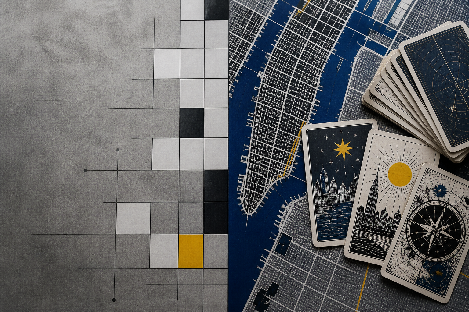 Editorial New York street-grid, tarot cards and compass visual in cobalt blue, safety yellow and concrete grey